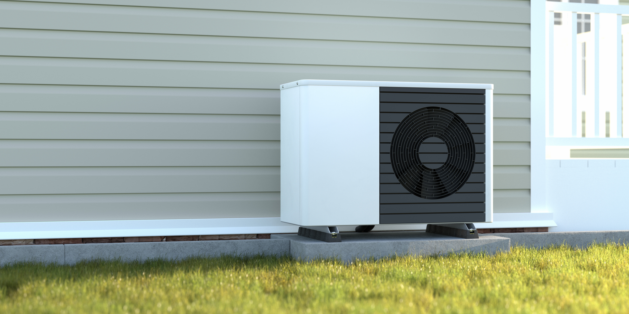 Photorealistic 3d render of a fictitious air source heat pump mounted to a concrete base with vibration dampers on the outside of a house. Photorealistic 3d render of a fictitious air source heat pump mounted to a concrete base with vibration dampers on the outside of a house.