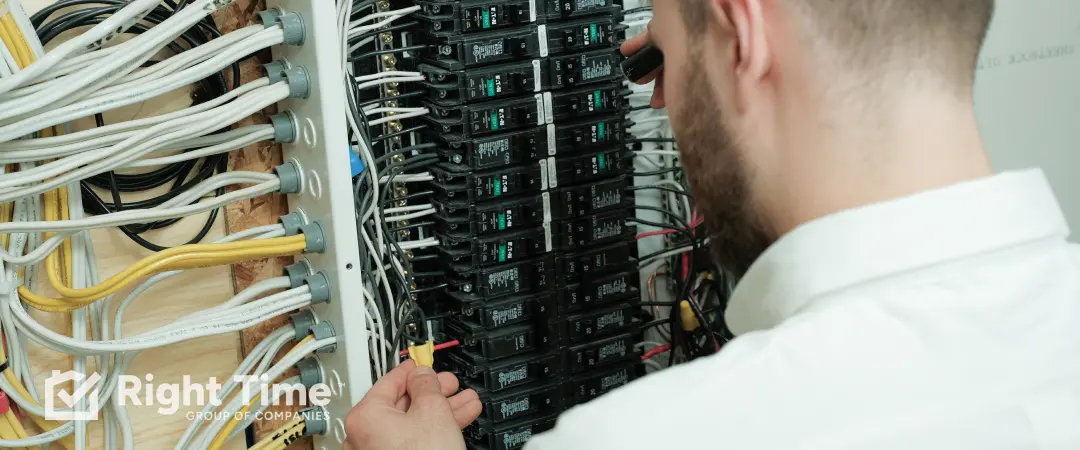 Licensed electrician inspecting wiring & breakers in a home’s main electrical panel for surge protection in Ottawa.
