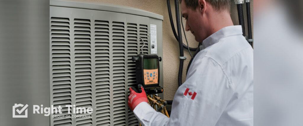 HVAC technician testing an outdoor air conditioner with diagnostic gauges during an Ottawa cooling assessment to help decide between repair and replacement.